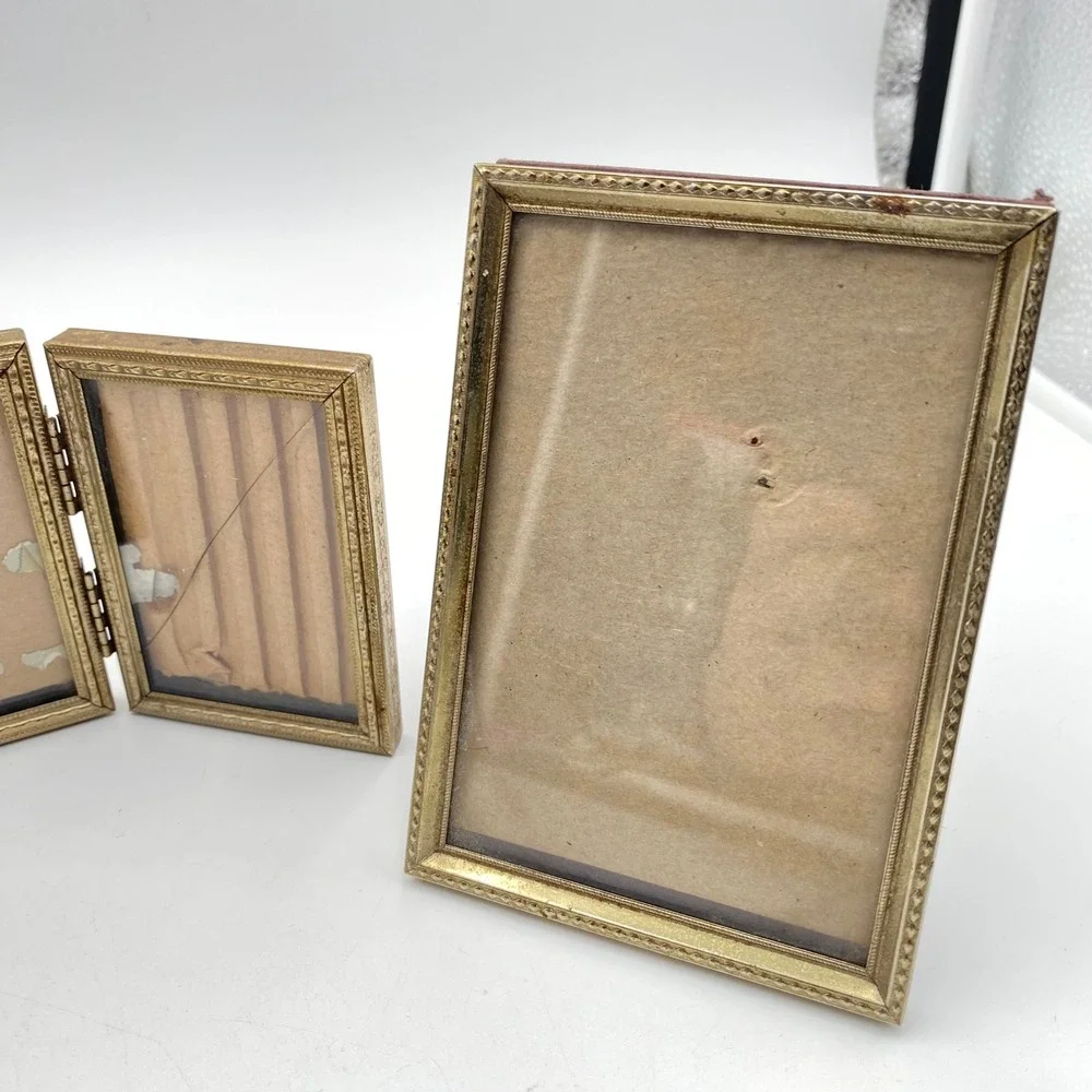 Vintage Gold Metal Picture Frame Set Embossed Diamond 3 Piece Lot Mid Century